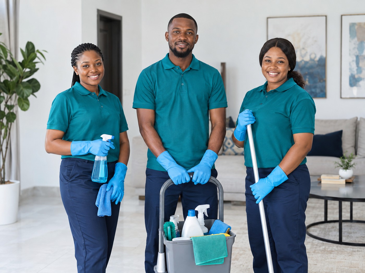 Cleaning professionals with their cleaning supplies